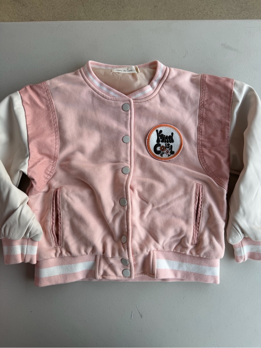Nora Madison Pink & White Kids Bomber Jacket with Patch